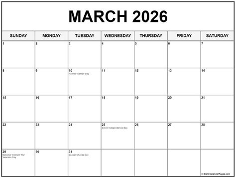 March 2026 Calendar With Holidays