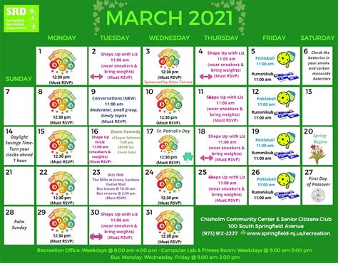 March Activity Calendar For Seniors