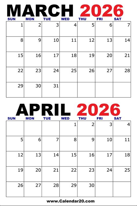 March April Calendar 2026 Printable