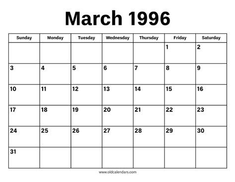 March Calendar 1996