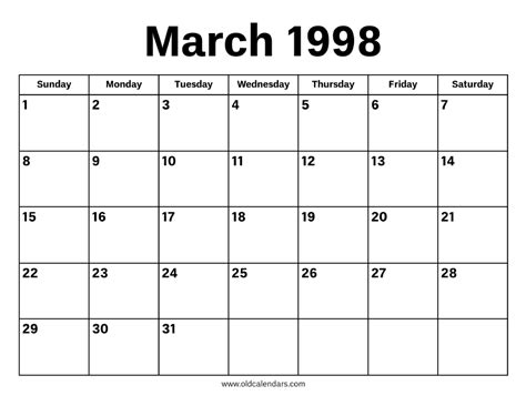 March Calendar 1998