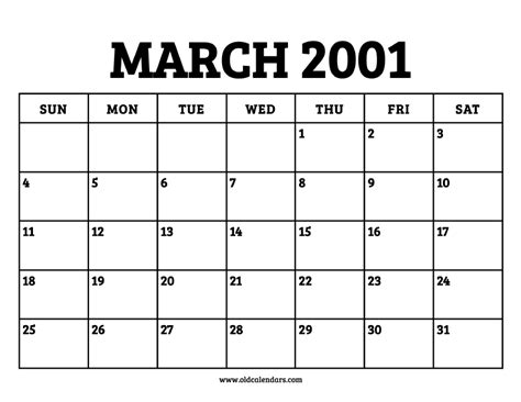 March Calendar 2001