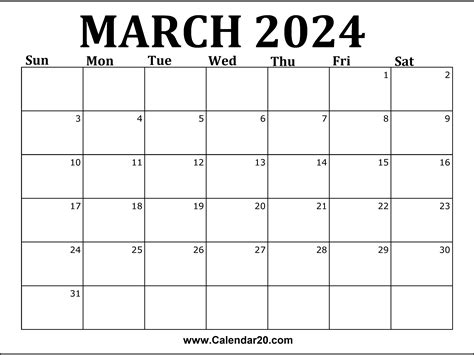 March Calendar 2024 Template