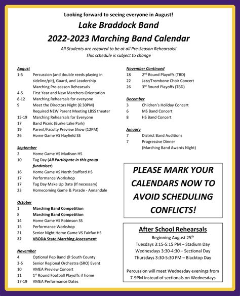 Marching Band Calendar