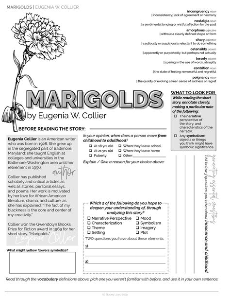 Marigolds By Eugenia Collier Worksheet
