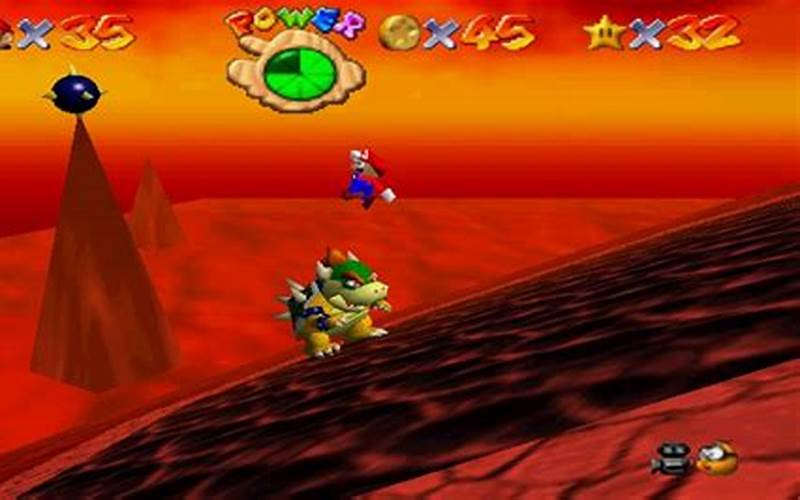 Mario Walking On A Narrow Path In Bowser In The Fire Sea