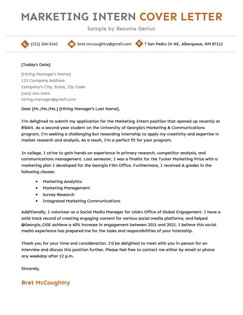 Marketing Internship Cover Letter Sample