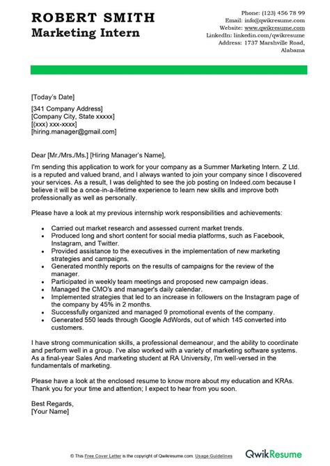 Marketing Cover Letter Examples For Internships