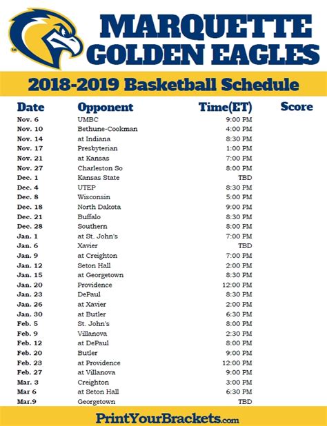 Marquette Basketball Printable Schedule