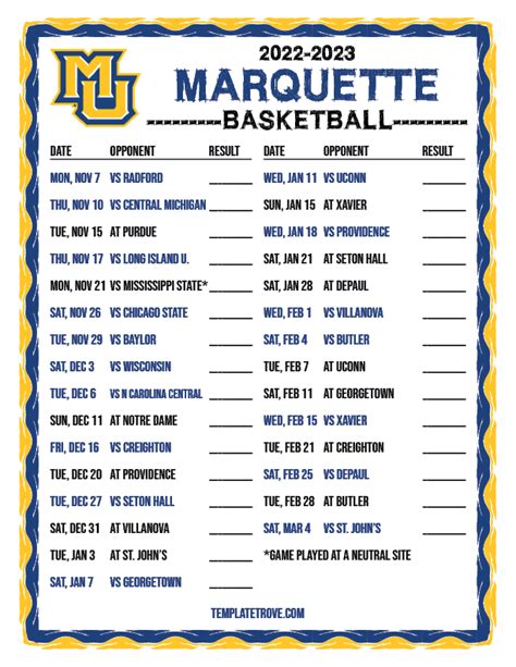 Marquette Basketball Schedule Printable