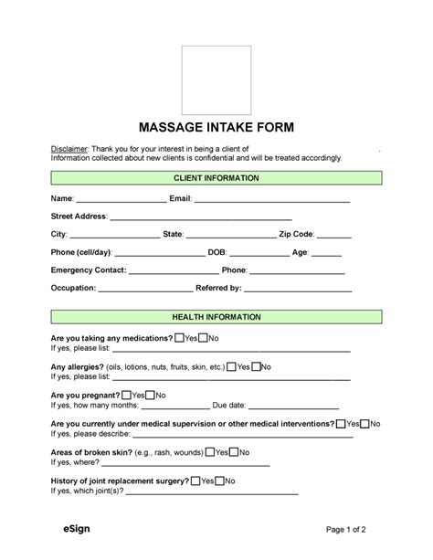 Massage Intake Form Word Doc