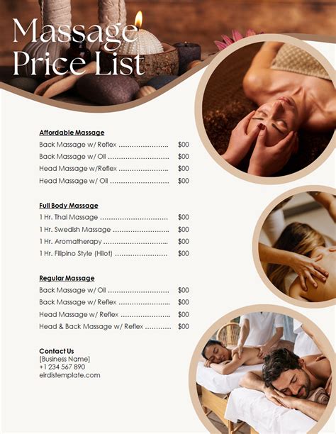 A detailed price list for massage services at a spa