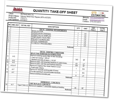 Material Take Off Sheet Template Excel