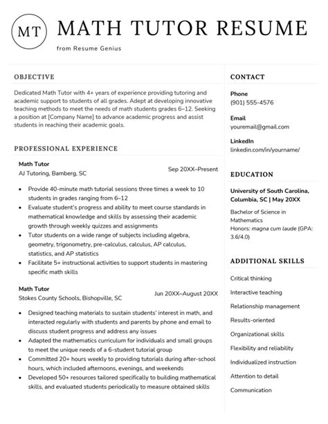 Math Tutor Resume