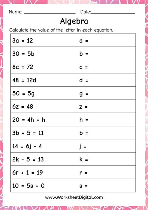 Math Worksheets Algebra