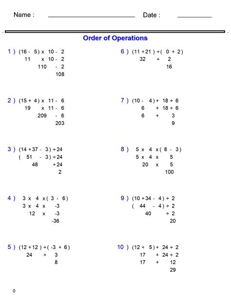 Math Worksheets Order Of Operations - SCIENCE EDUCATION