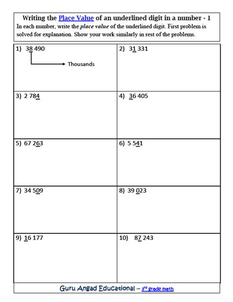 Math Worksheets Value Underlined Digit