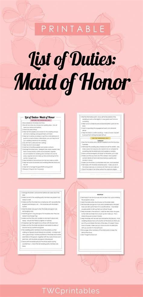 Matron Of Honor Duties Checklist Printable