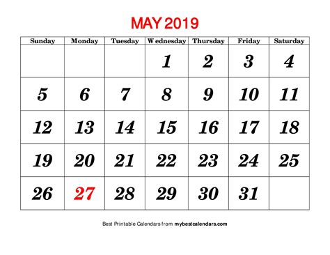 May Calendar For 2019