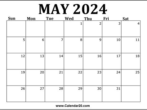 May Calendar 2024 Free Printable