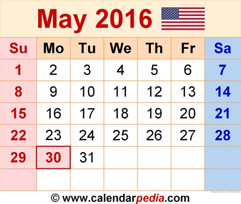 May Calendar For 2016