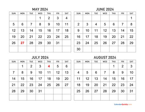 May Through August Calendar
