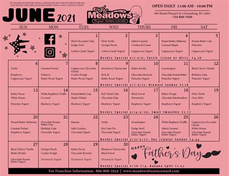Meadows Ice Cream Monthly Calendar