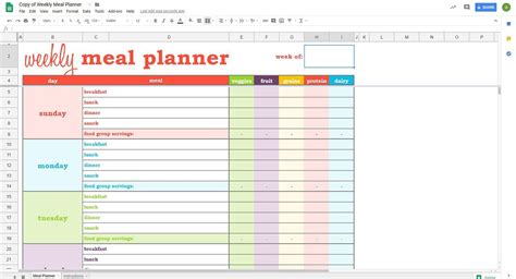 Meal Planning Google Sheets Template
