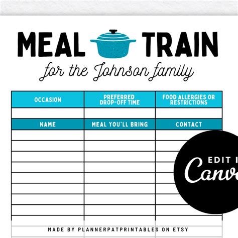 Meal Train Sign Up Sheet Template