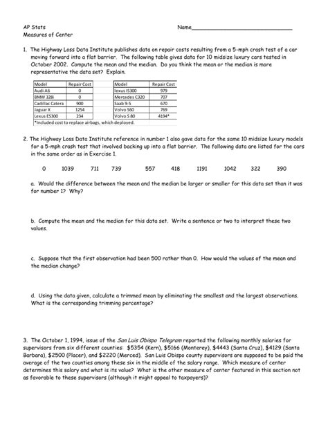 Measures Of Center And Spread Worksheet Answers