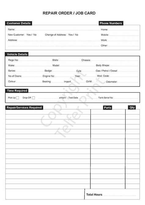 Mechanic Job Card Template Maintenance Repair Job Card Throughout