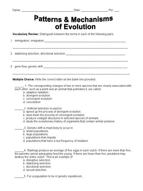 Mechanisms Of Evolution Worksheet