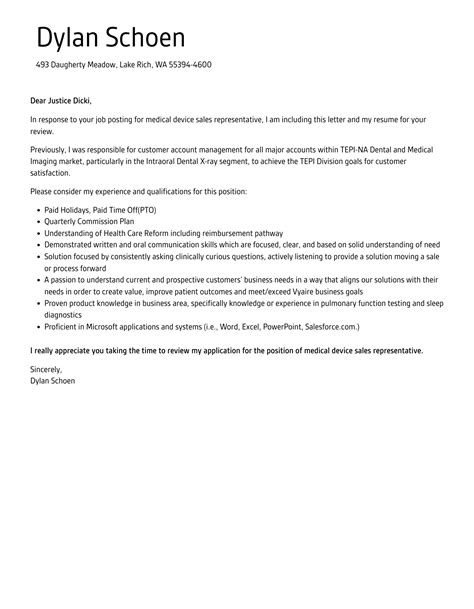 Medical Device Sales Cover Letter