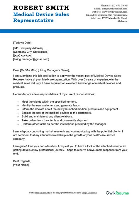 Medical Device Sales Cover Letter Examples