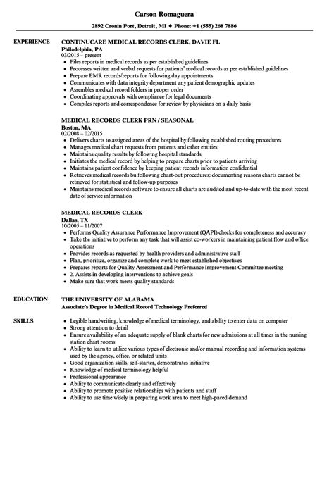 Medical Records Clerk Job Description For Resume