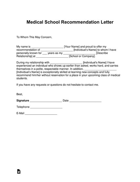 Medical School Recommendation Letter Template
