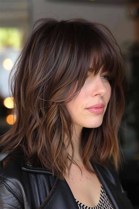 47 Medium Length Haircuts With Bangs Eazy Glam