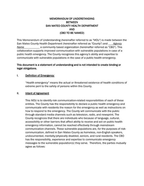 Memorandum Of Understanding Agreement Template