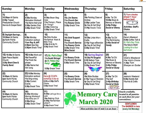 Memory Care Activity Calendar