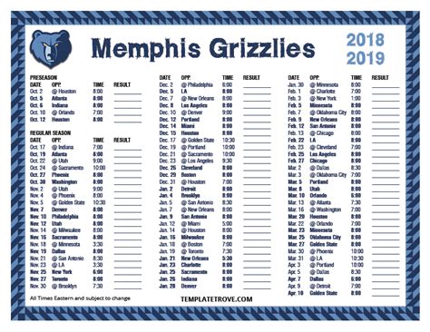 Memphis Grizzlies Printable Schedule