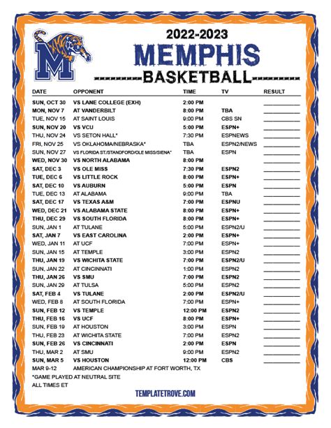 Printable 20192020 Memphis Tigers Basketball Schedule