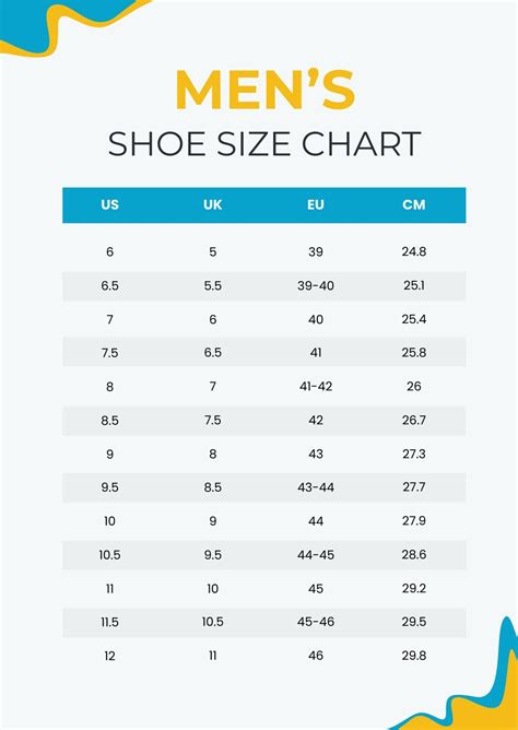 Men's Shoe Size Chart Printable
