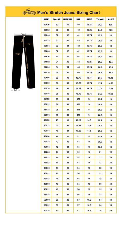 Mens Pants Measurements Chart