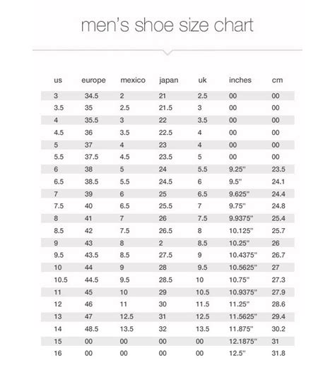 Mens Shoe Size To Inches Chart
