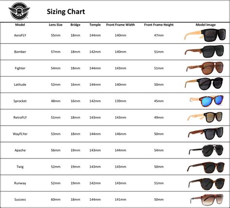 Mens Sunglass Size Chart