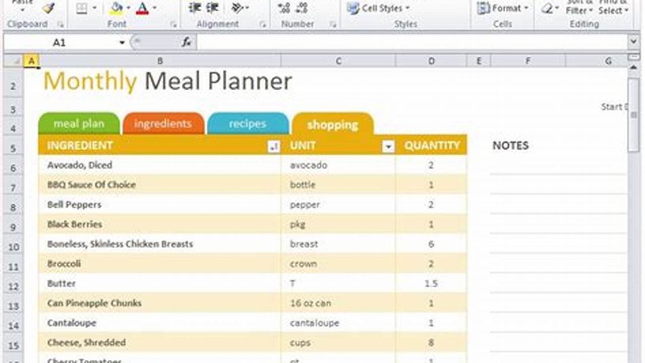 Menu Planning, Excel Templates
