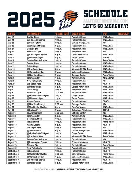 Mercury Schedule Printable