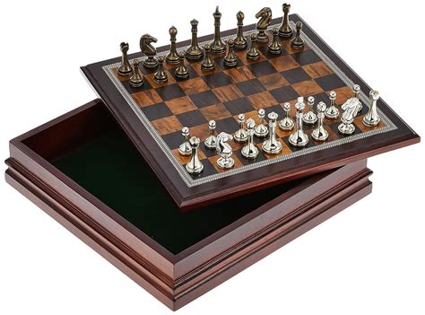 Metal Chess Set with Deluxe Wood Board and Storage