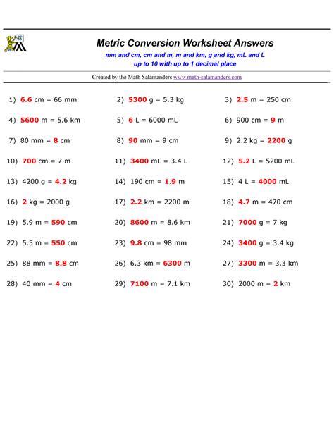 Metric Conversion Practice Worksheet Answer Key