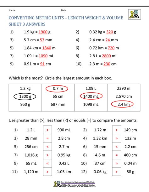 Metric Conversion Worksheet Answers